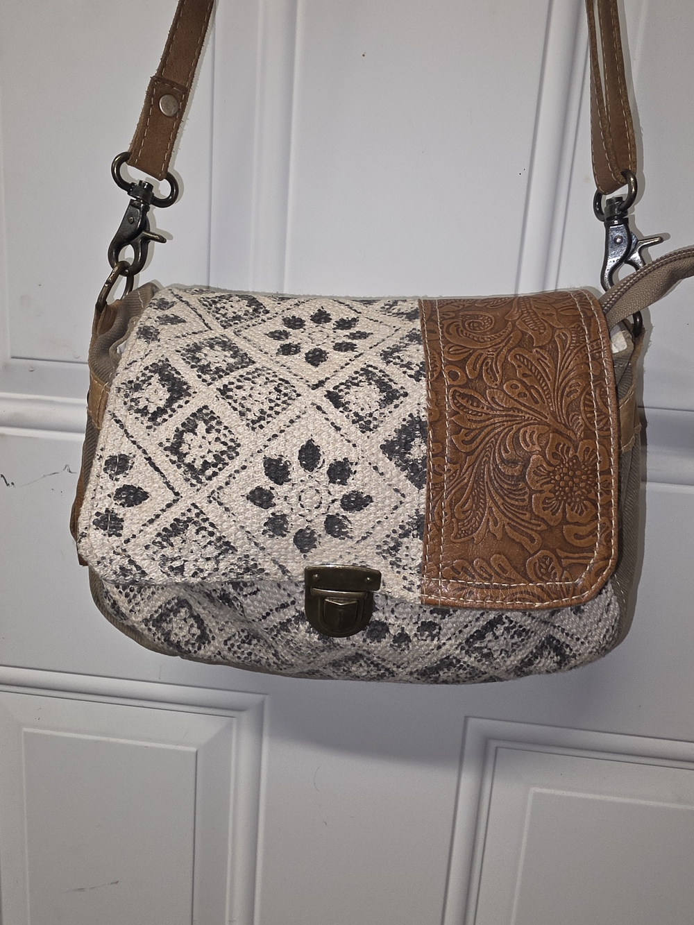 Myra Bag Neutral Patterned Crossbody with Embossed Brown Flap